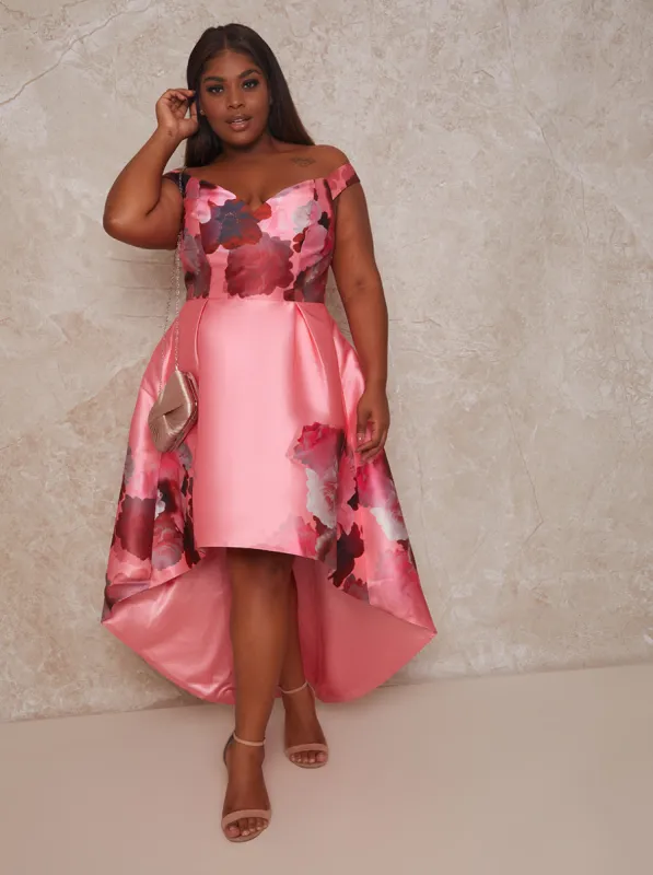 Plus Size Sleeveless Floral Dip Hem Dress in Pink sold by Chi Chi London