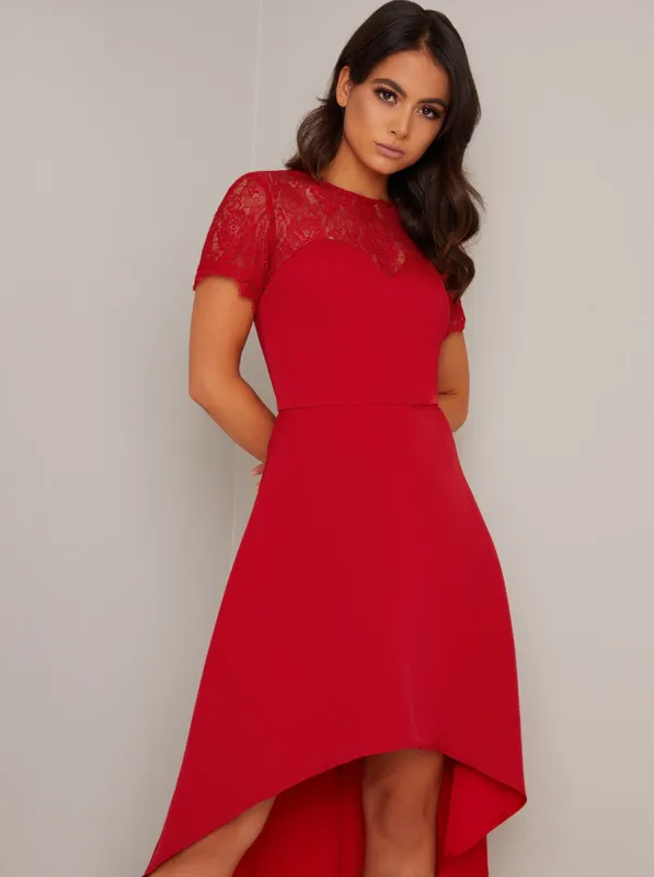 Petite Lace Bodice Sweetheart Dip Hem Midi Dress in Red sold by Chi Chi London