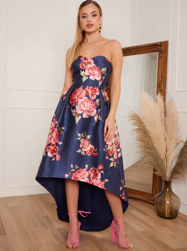 Petite Strapless Floral Print Dip Hem Dress in Navy sold by Chi Chi London