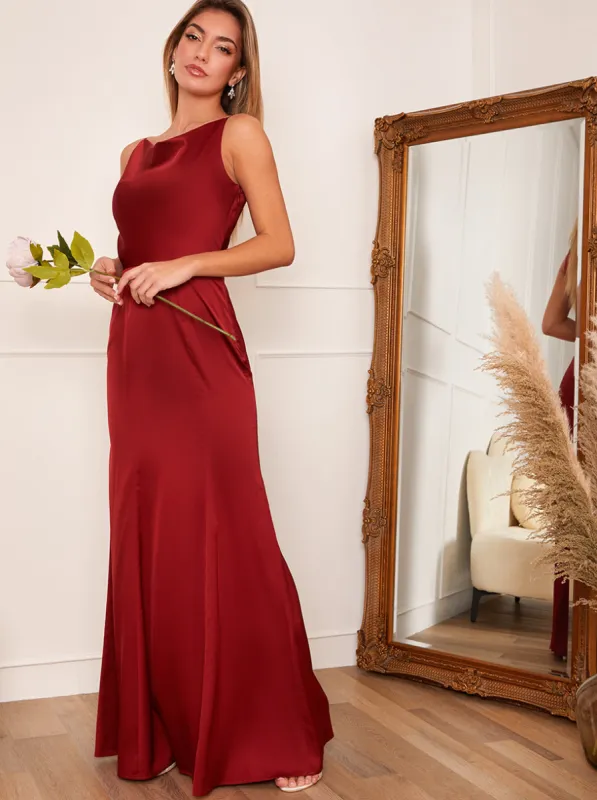 Cowl Neck Satin Slip Maxi Dress in Orange sold by Chi Chi London