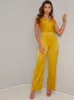 Satin Feel Wrap Detail Wide Leg Jumpsuit in Yellow sold by Chi Chi London