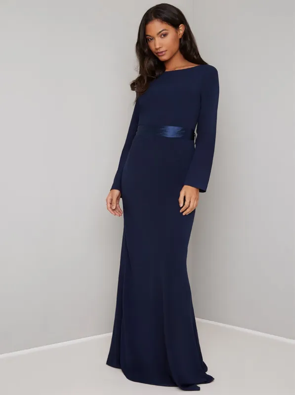 Open Back Bow Detail Maxi Dress in Blue sold by Chi Chi London