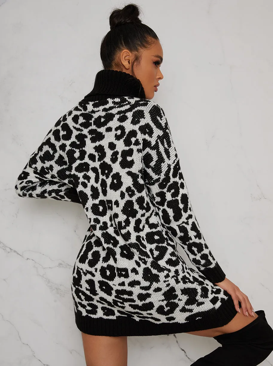 Long Sleeve Roll Neck Knitted Jumper Dress in Black Animal Print sold by Chi Chi London product image thumbnail 4