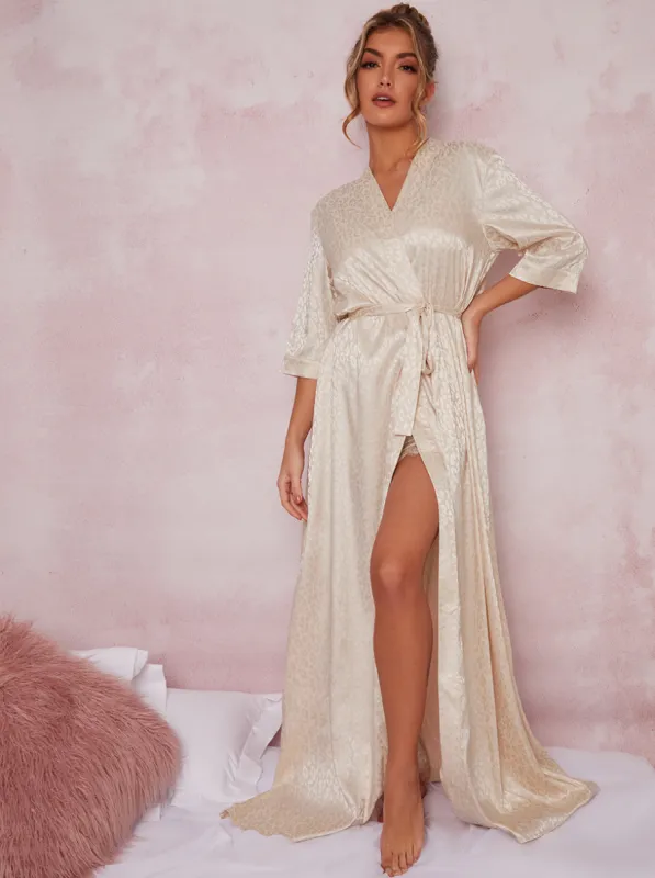 Satin Feel Animal Print Wrap Full Length Robe in Neutral sold by Chi Chi London