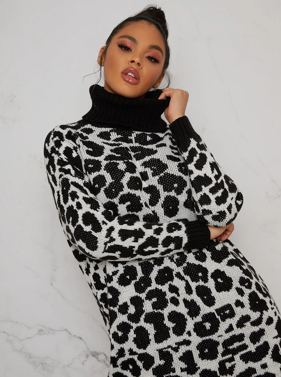 Long Sleeve Roll Neck Knitted Jumper Dress in Black Animal Print sold by Chi Chi London product image thumbnail 3