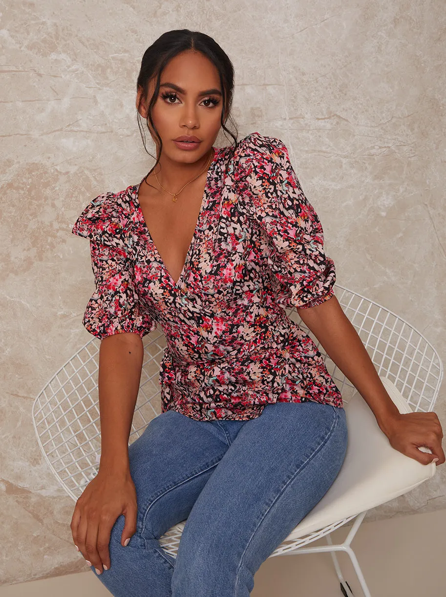 Floral Abstract Print Wrap Top in Multi sold by Chi Chi London product image thumbnail 3
