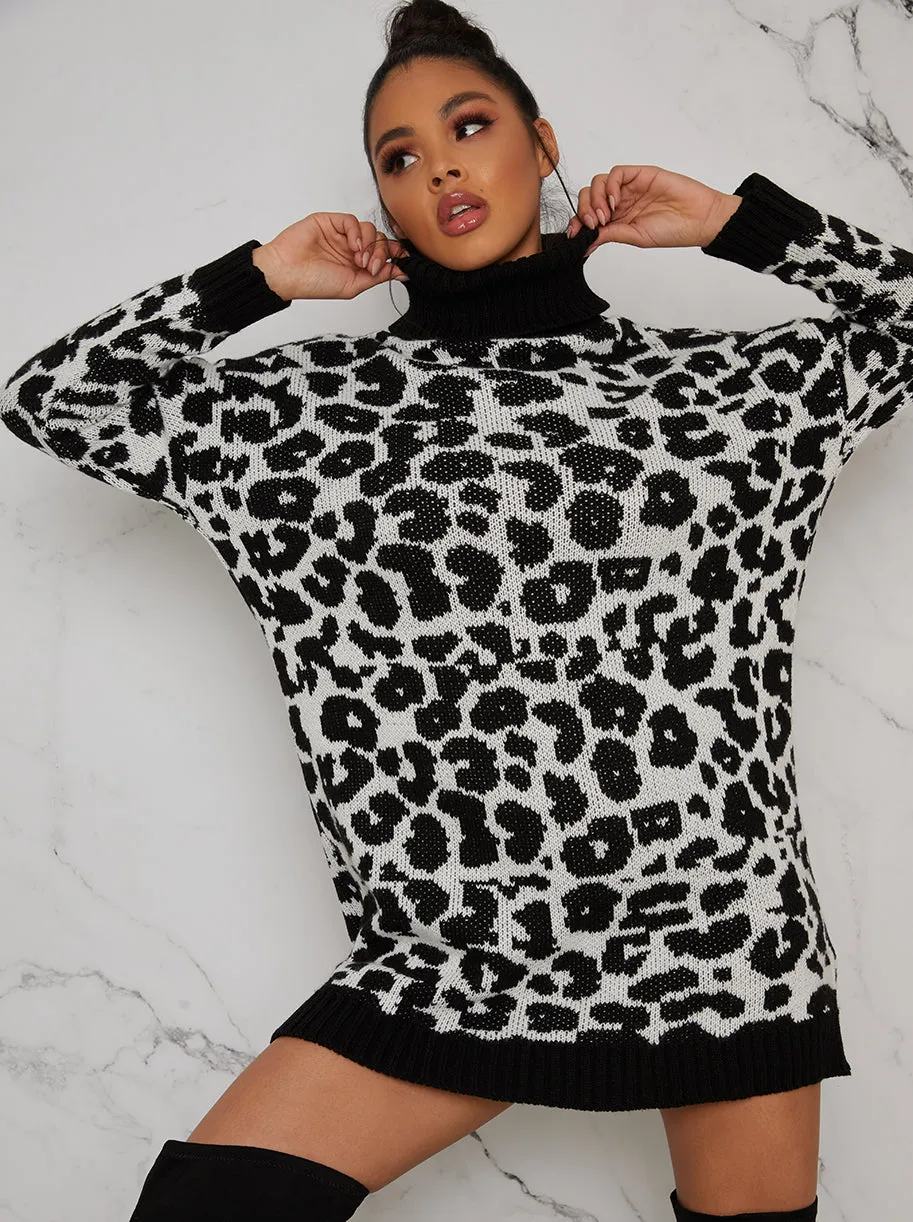 Long Sleeve Roll Neck Knitted Jumper Dress in Black Animal Print sold by Chi Chi London product image thumbnail 2