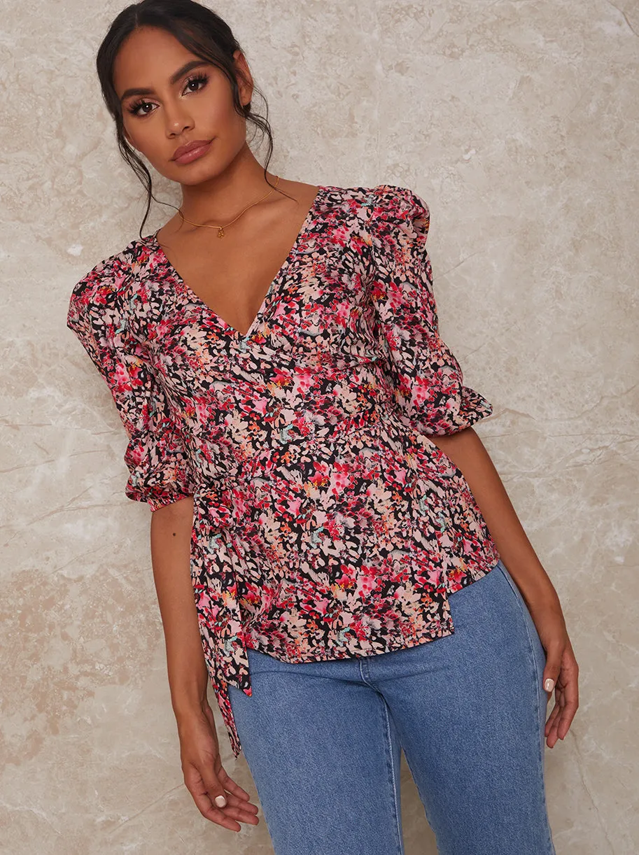Floral Abstract Print Wrap Top in Multi sold by Chi Chi London