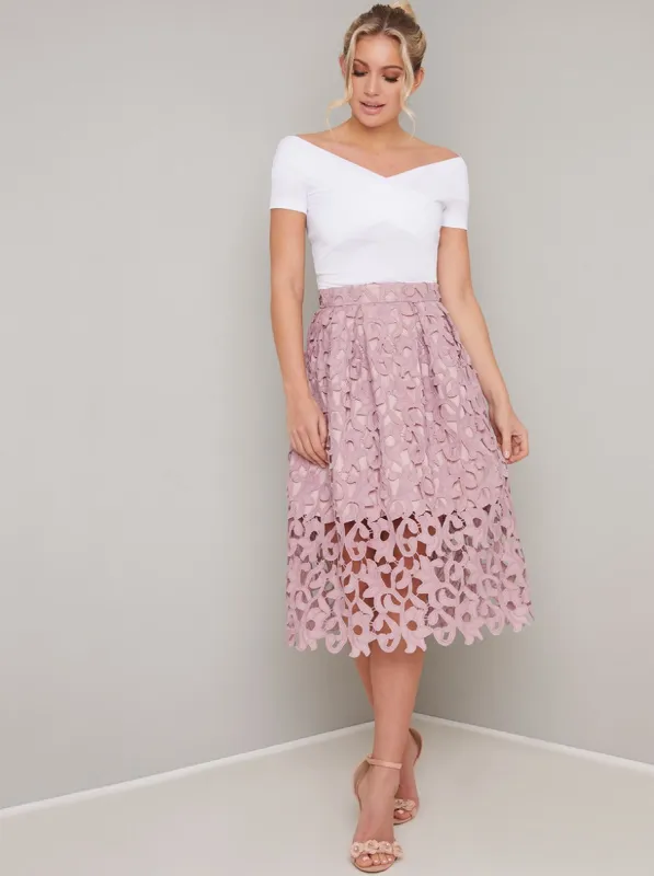 Lace Overlay Midi Skirt in Pink sold by Chi Chi London