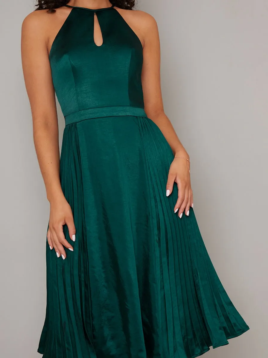 Halterneck Satin Pleat Midi Dress in Green sold by Chi Chi London product image thumbnail 2
