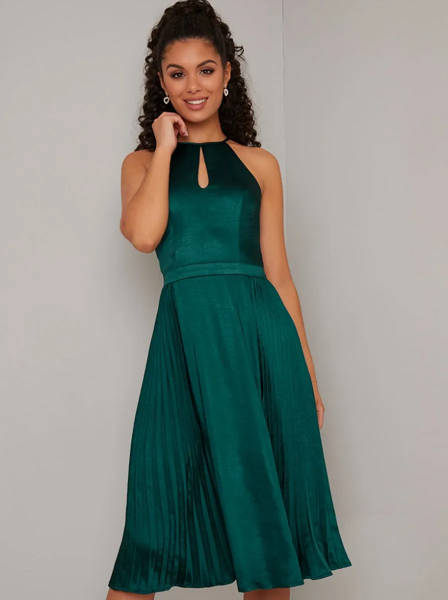 Halterneck Satin Pleat Midi Dress in Green sold by Chi Chi London product image thumbnail 3