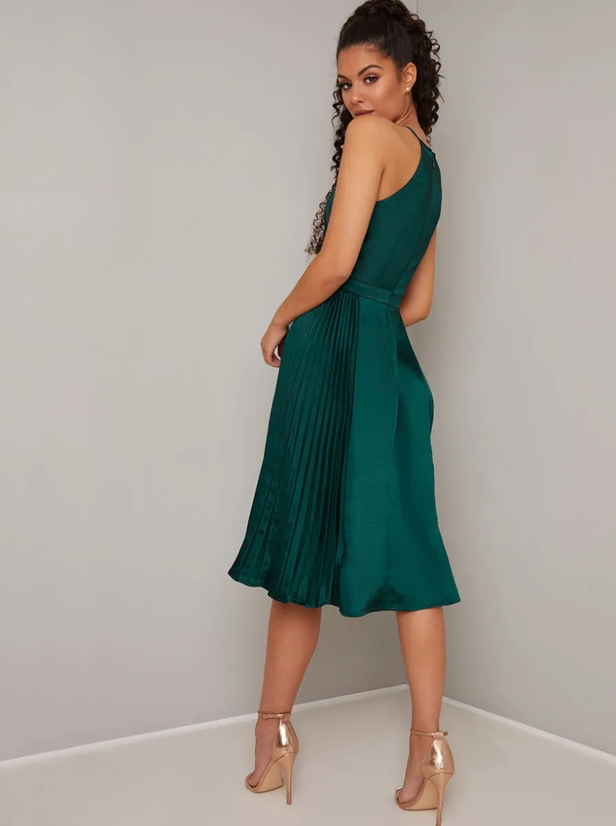 Halterneck Satin Pleat Midi Dress in Green sold by Chi Chi London product image thumbnail 4