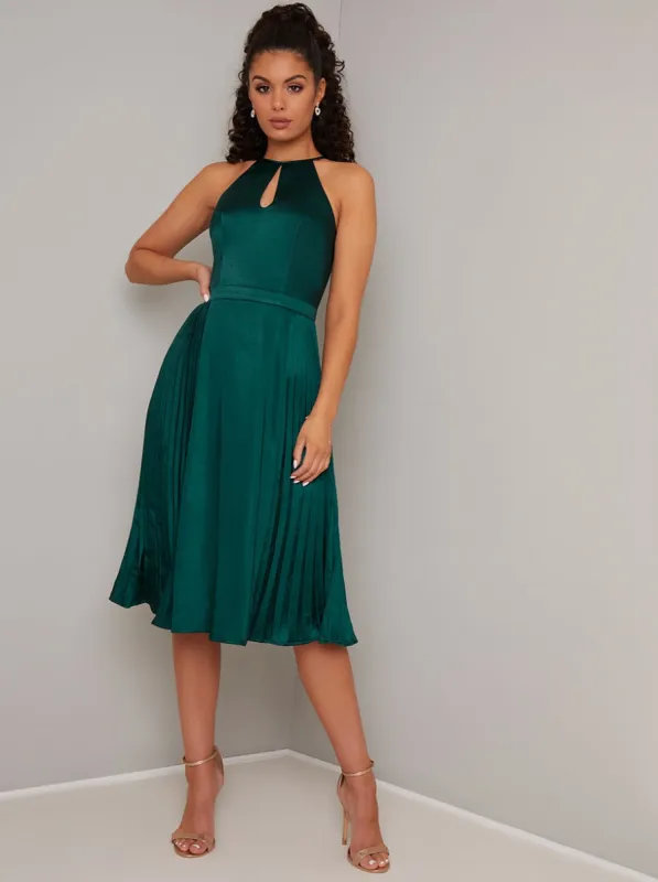 Halterneck Satin Pleat Midi Dress in Green sold by Chi Chi London