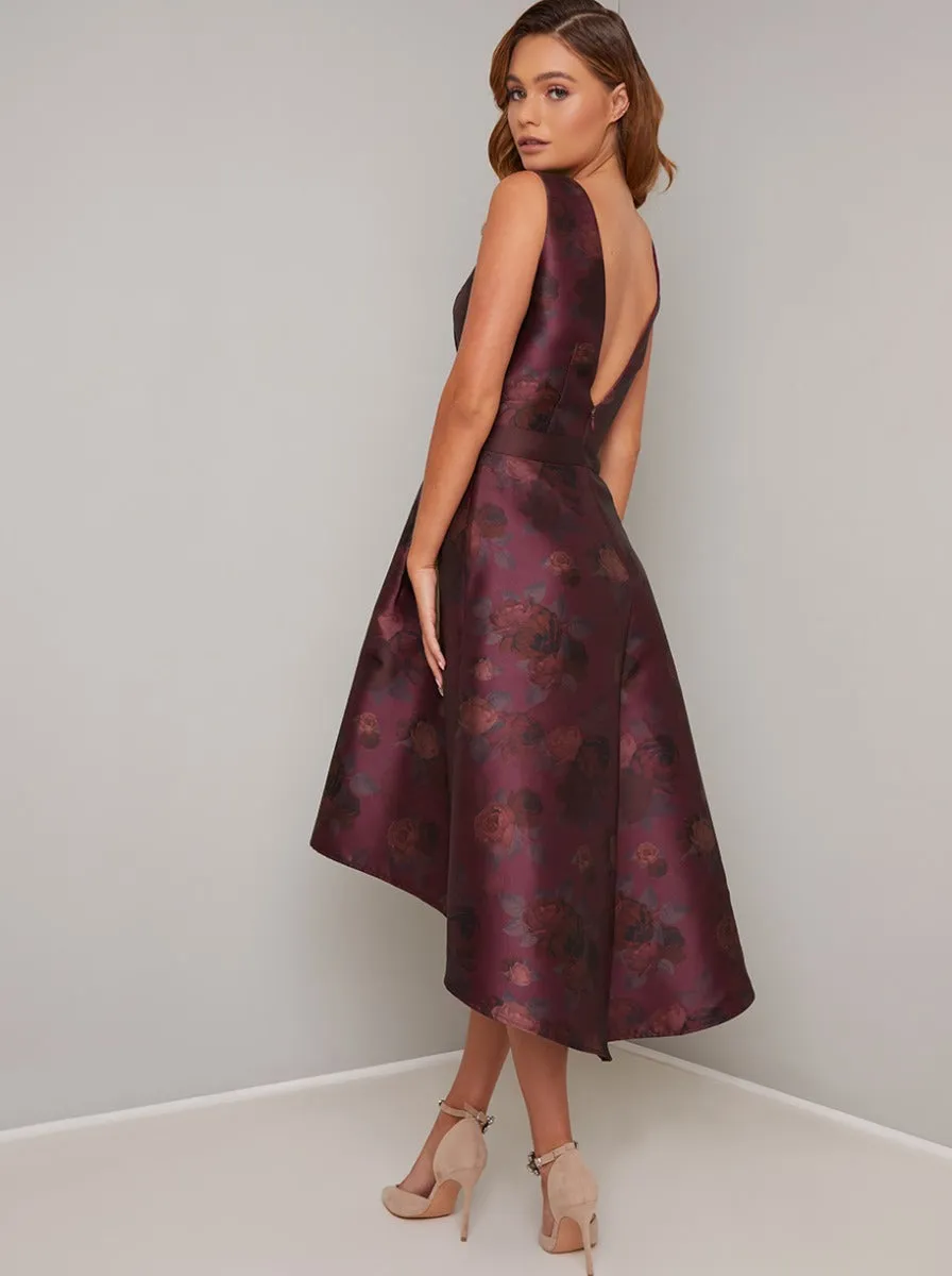 Fitted Bodice Floral Print Dip Hem Dress in Red sold by Chi Chi London product image thumbnail 4