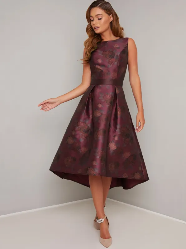 Fitted Bodice Floral Print Dip Hem Dress in Red sold by Chi Chi London