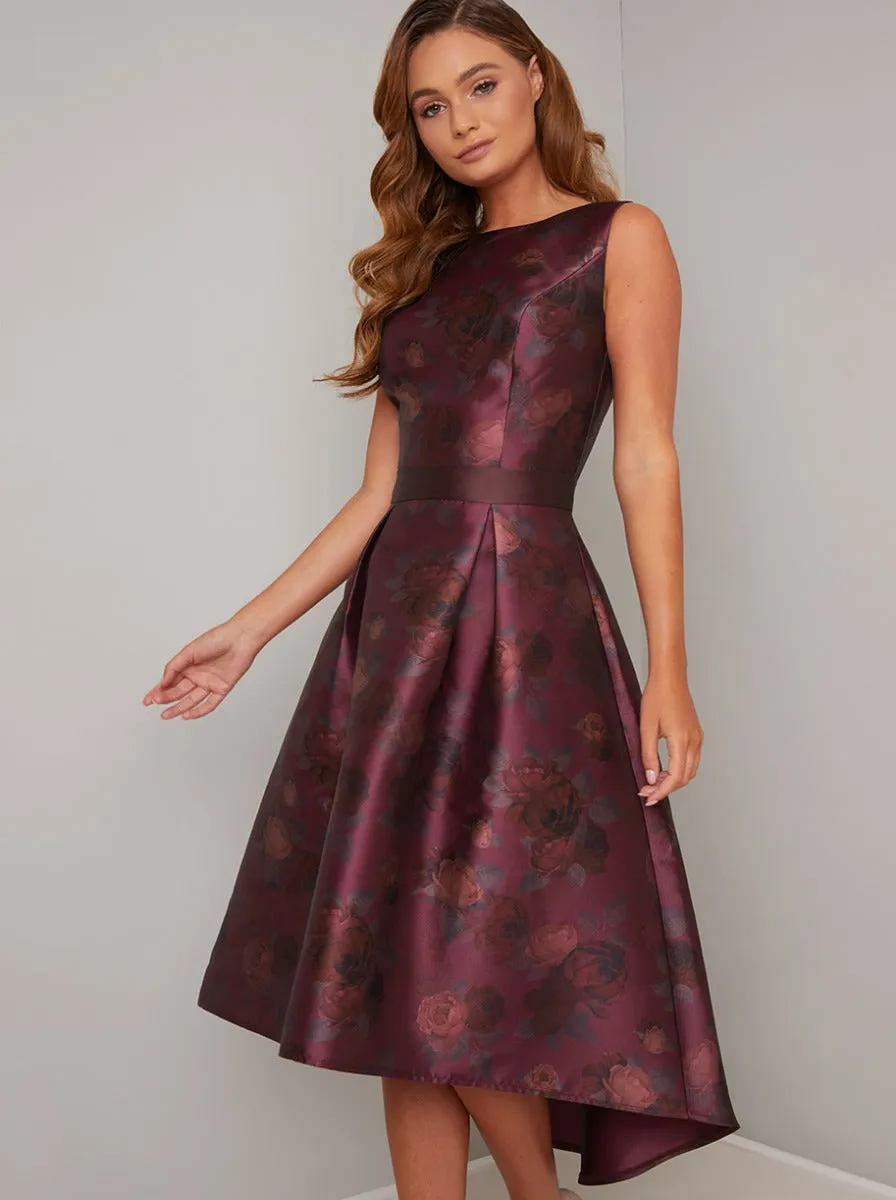 Fitted Bodice Floral Print Dip Hem Dress in Red sold by Chi Chi London product image thumbnail 3