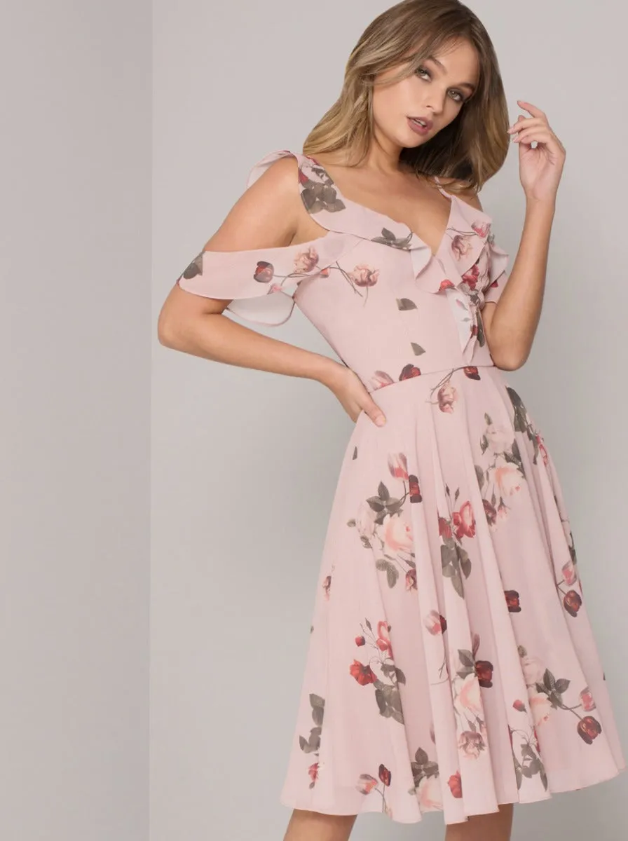 Floral Print Chiffon Midi Dress in Pink sold by Chi Chi London