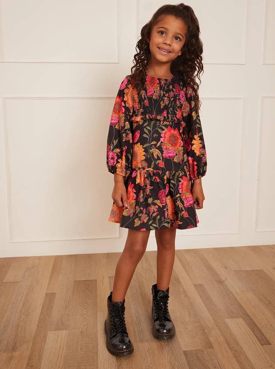 Younger Girls Long Sleeve Floral Smock Dress in Black sold by Chi Chi London product image thumbnail 2