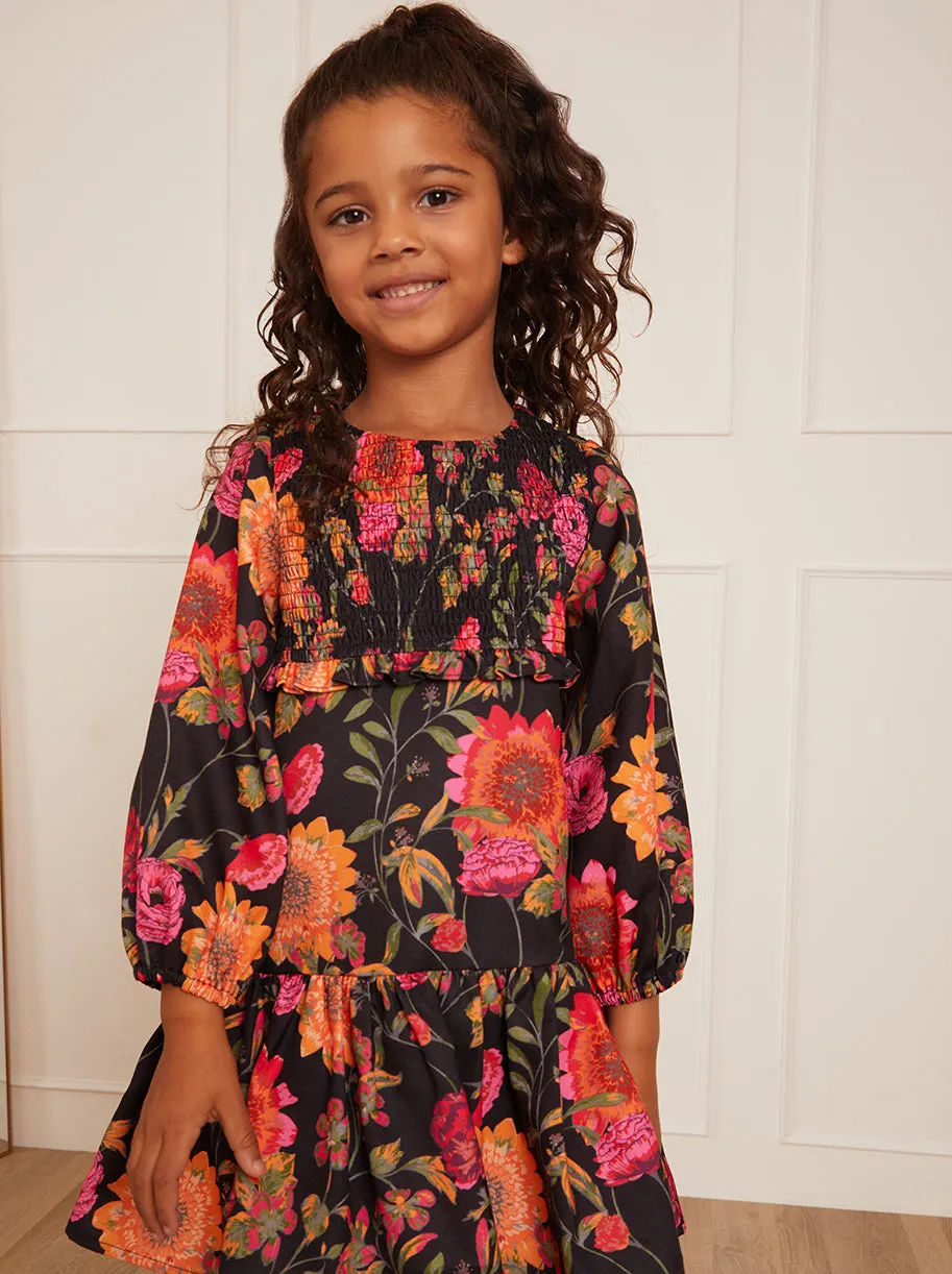 Younger Girls Long Sleeve Floral Smock Dress in Black sold by Chi Chi London product image thumbnail 3