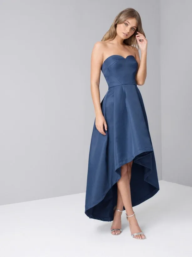 Plain Bandeau Dip Hem Midi Dress in Blue sold by Chi Chi London