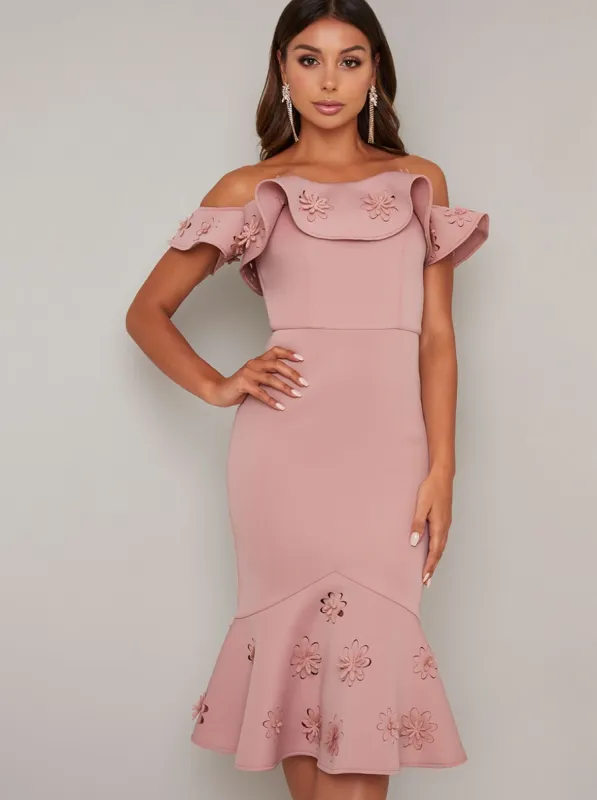 Laser Cut Floral Bardot Bodycon Dress in Pink sold by Chi Chi London