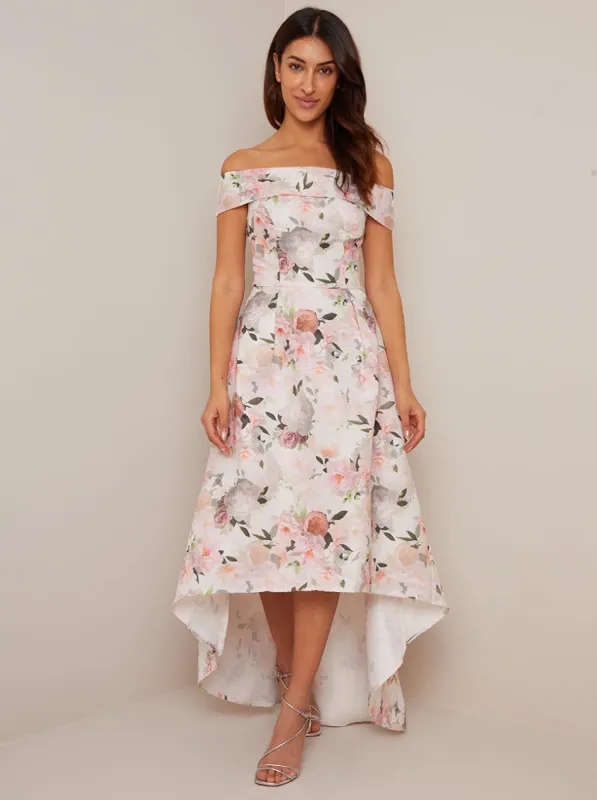 Bardot Floral Print Dip Hem Dress in Blush sold by Chi Chi London