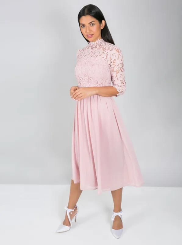 Lace Bodice 3/4 Sleeved Midi Dress in Pink sold by Chi Chi London