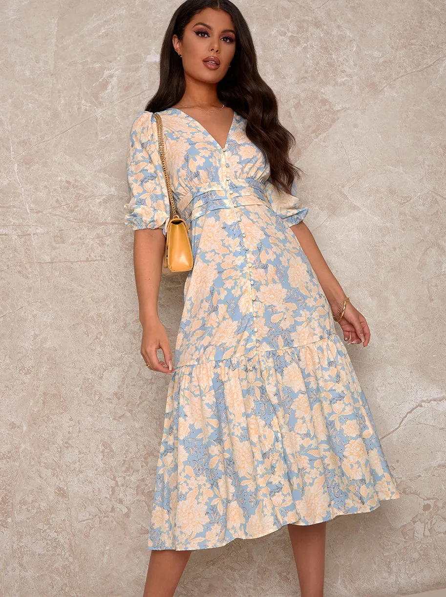 Balloon Sleeve V Neck Button Up Midi Dress in Blue sold by Chi Chi London