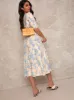 Balloon Sleeve V Neck Button Up Midi Dress in Blue sold by Chi Chi London