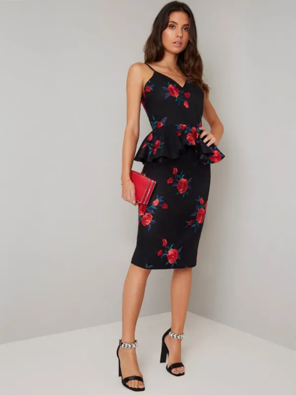 Cami Strap Peplum Lace Midi Dress in Black sold by Chi Chi London