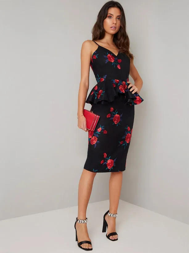 Cami Strap Peplum Lace Midi Dress in Black sold by Chi Chi London