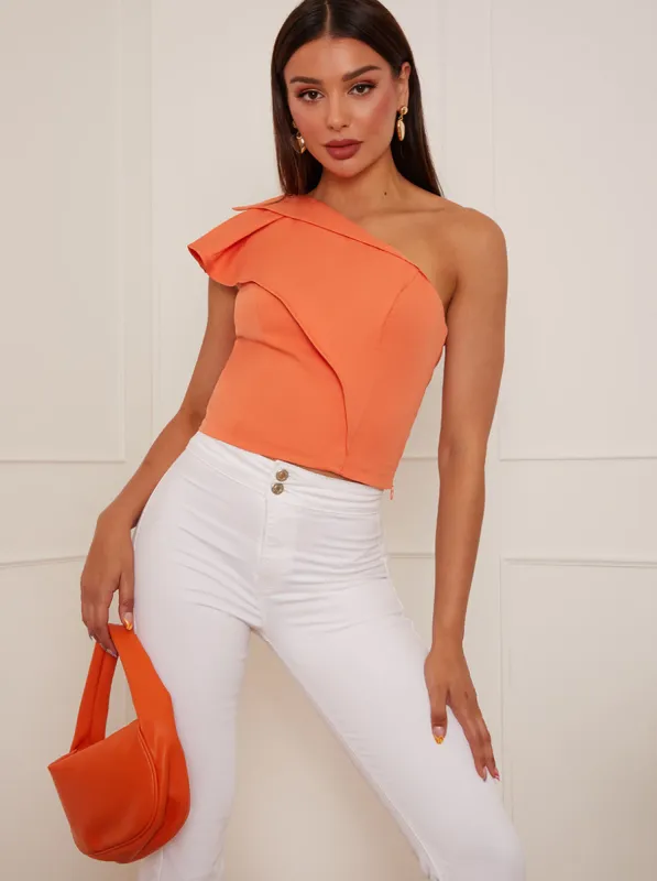 One Shoulder Pleated Top in Orange sold by Chi Chi London