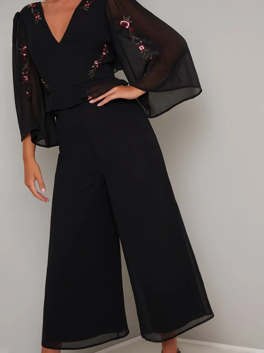 Embroidered Flare Sleeved Crop Jumpsuit in Black sold by Chi Chi London product image thumbnail 4