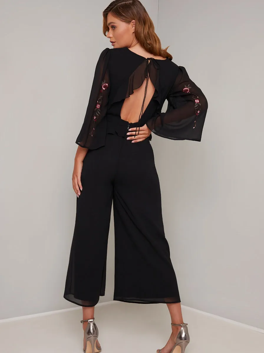 Embroidered Flare Sleeved Crop Jumpsuit in Black sold by Chi Chi London product image thumbnail 2