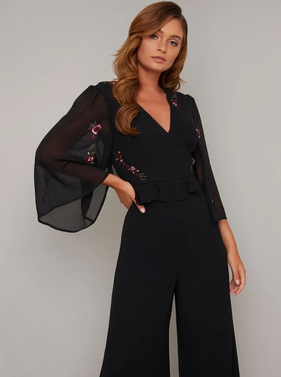 Embroidered Flare Sleeved Crop Jumpsuit in Black sold by Chi Chi London product image thumbnail 3