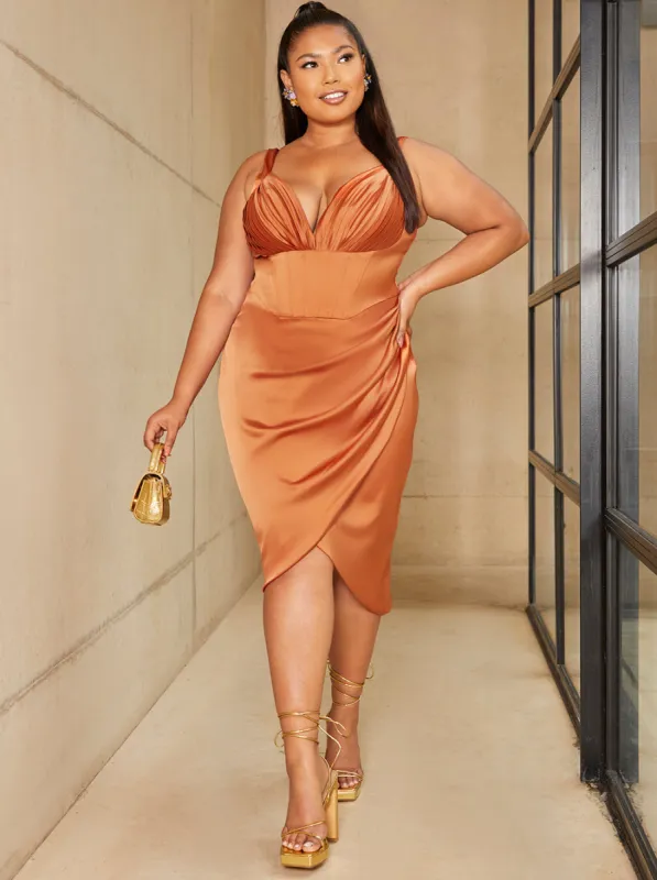 Plus Size Corset Style Bodycon Satin Midi Dress in Rust sold by Chi Chi London