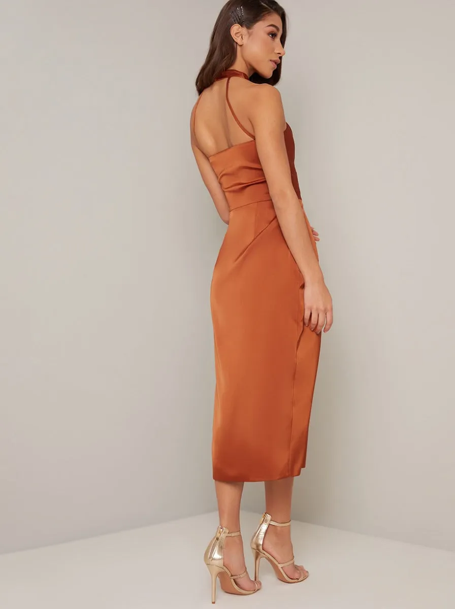 Silky Halter Neck Side Split Midi Dress in Orange sold by Chi Chi London product image thumbnail 4