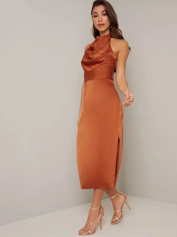 Silky Halter Neck Side Split Midi Dress in Orange sold by Chi Chi London