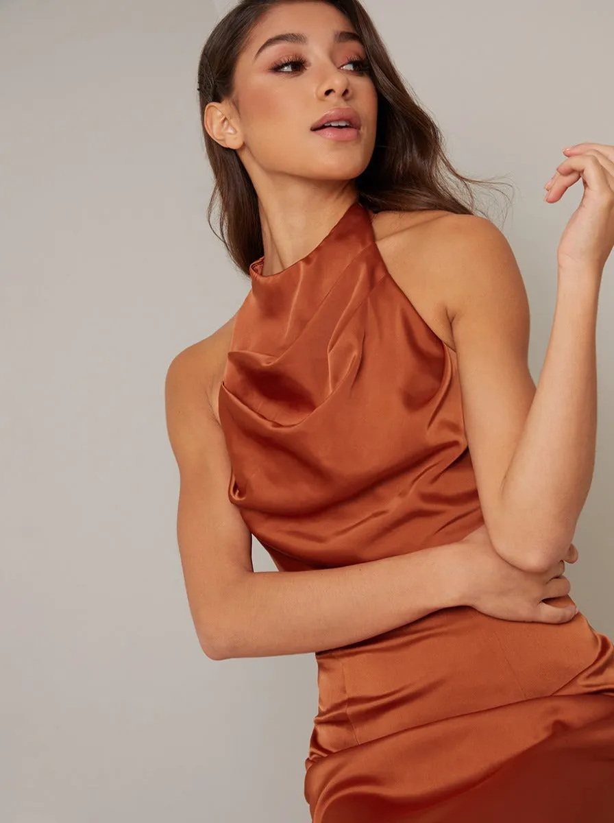 Silky Halter Neck Side Split Midi Dress in Orange sold by Chi Chi London product image thumbnail 2