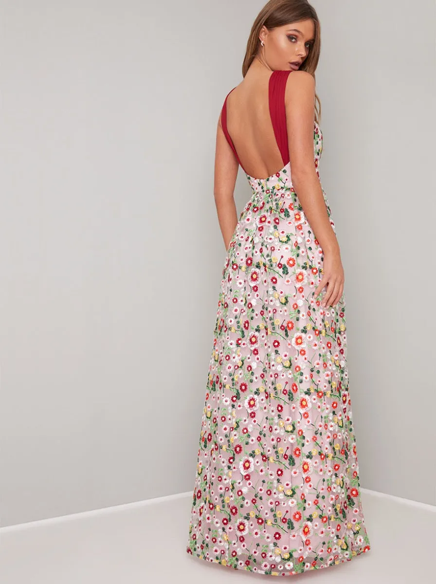 Floral Embroidered Maxi Dress in Pink sold by Chi Chi London