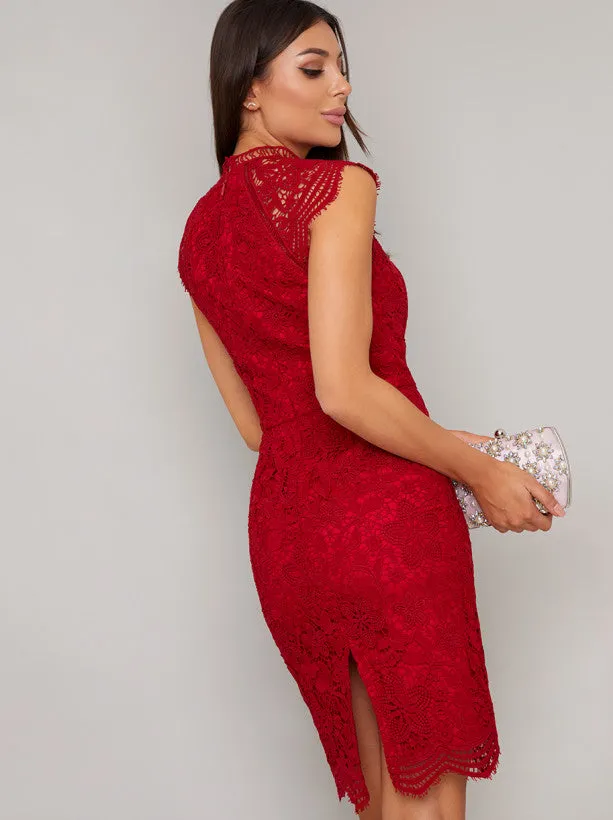 High Neck Crochet Lace Bodycon Dress in Red sold by Chi Chi London product image thumbnail 2