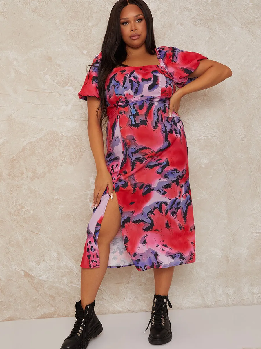 Plus Size Square Neck Abstract Print Midi Dress in Multi sold by Chi Chi London