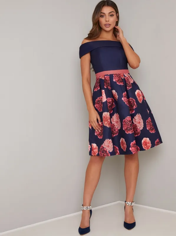 Floral Print Bardot Bodice Midi Dress in Blue sold by Chi Chi London