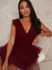 Petite V Neck Tulle Ruffle Midi Dress in Red sold by Chi Chi London