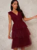 Petite V Neck Tulle Ruffle Midi Dress in Red sold by Chi Chi London