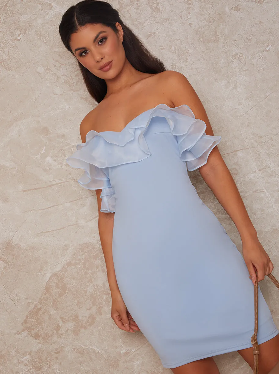 Organza Ruffle Bardot Bodycon Mini Dress in Blue sold by Chi Chi London product image thumbnail 3