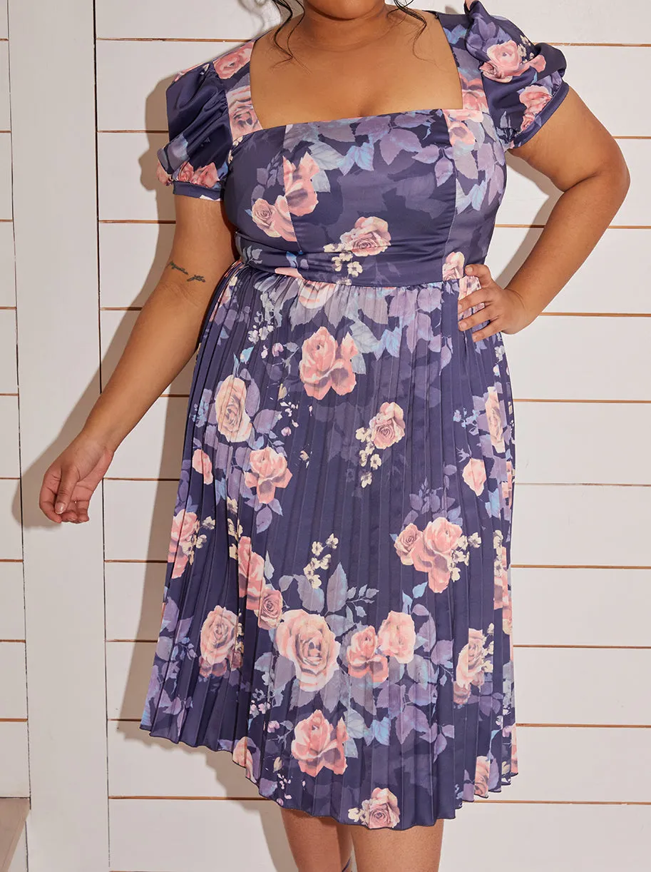 Plus Size Floral Print Pleated Midi Skater Dress in Navy sold by Chi Chi London product image thumbnail 5