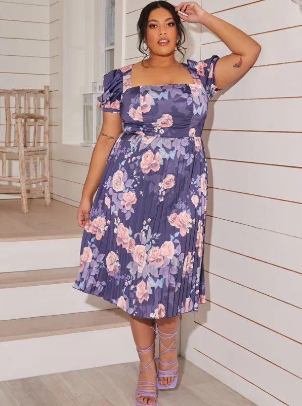 Plus Size Floral Print Pleated Midi Skater Dress in Navy sold by Chi Chi London