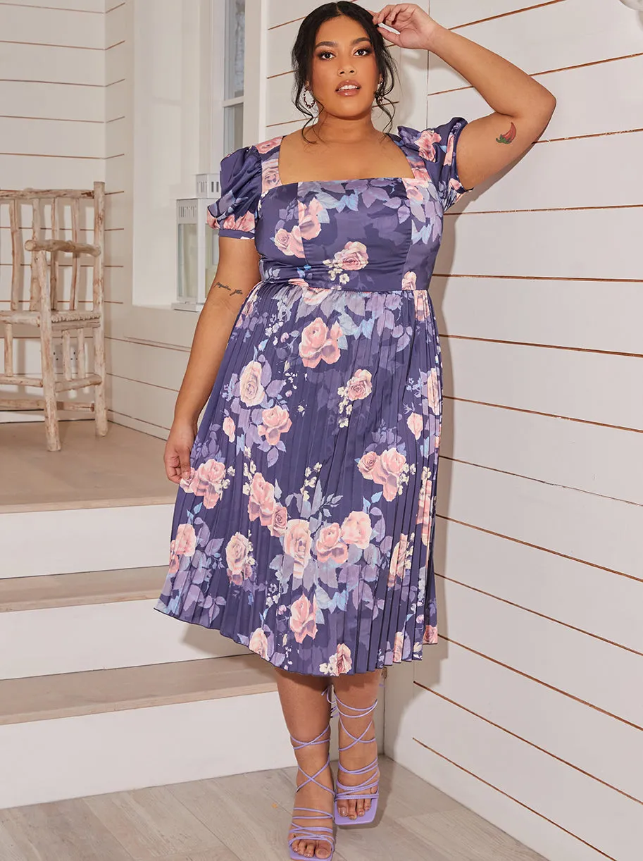 Plus Size Floral Print Pleated Midi Skater Dress in Navy sold by Chi Chi London