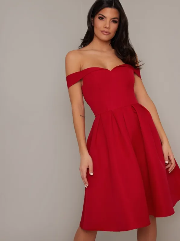 Bardot Box Pleat Skater Dress in Red sold by Chi Chi London